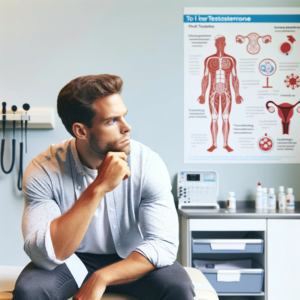 A man sitting thoughtfully on an examination table in a provider's office, looking at a testosterone informational poster.