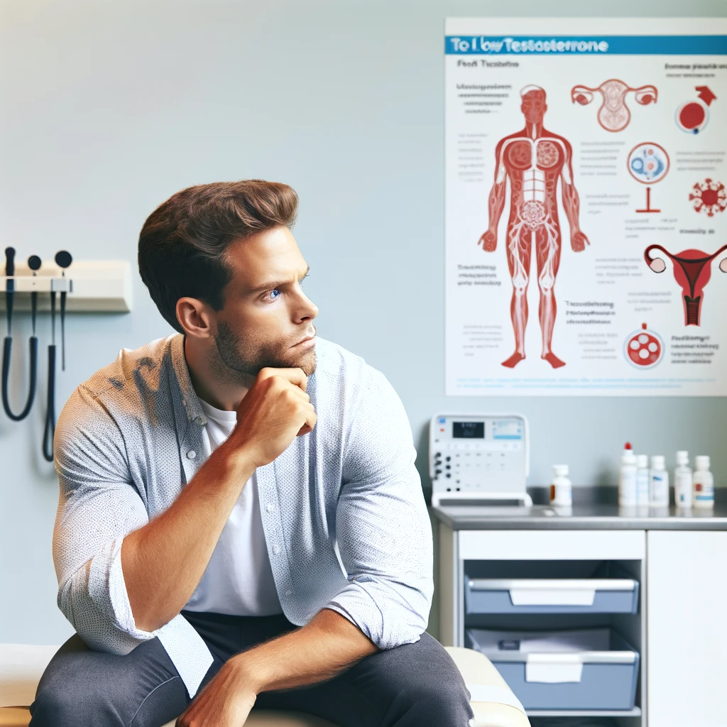 A man sitting thoughtfully on an examination table in a provider's office, looking at a testosterone informational poster.